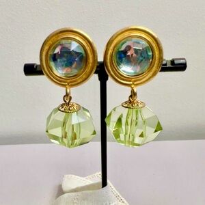 80s Statement Earrings Gold Tone, Green Lucite Dangles Vintage Clip On Glam